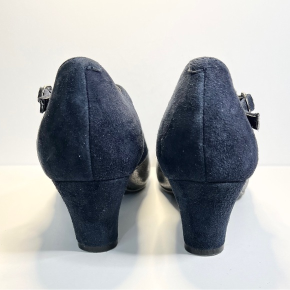 Hotter Georgette T-bar Shoes 👠 Navy Blue Suede Leather, Round Toe Heels - Picture 4 of 12